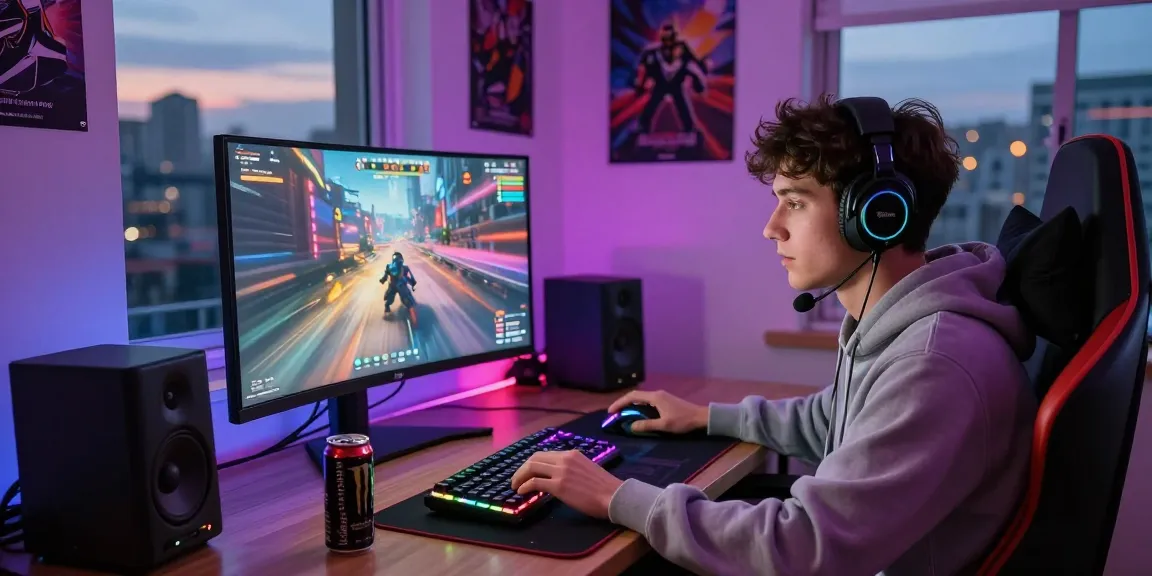 Gamer immersed in action video game at home with FAFA828 gaming setup, vibrant RGB lighting and dynamic visuals.